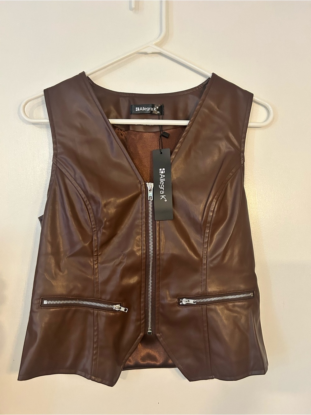 Allegra K Chocolate Brown Faux Leather Zip-Front Vest